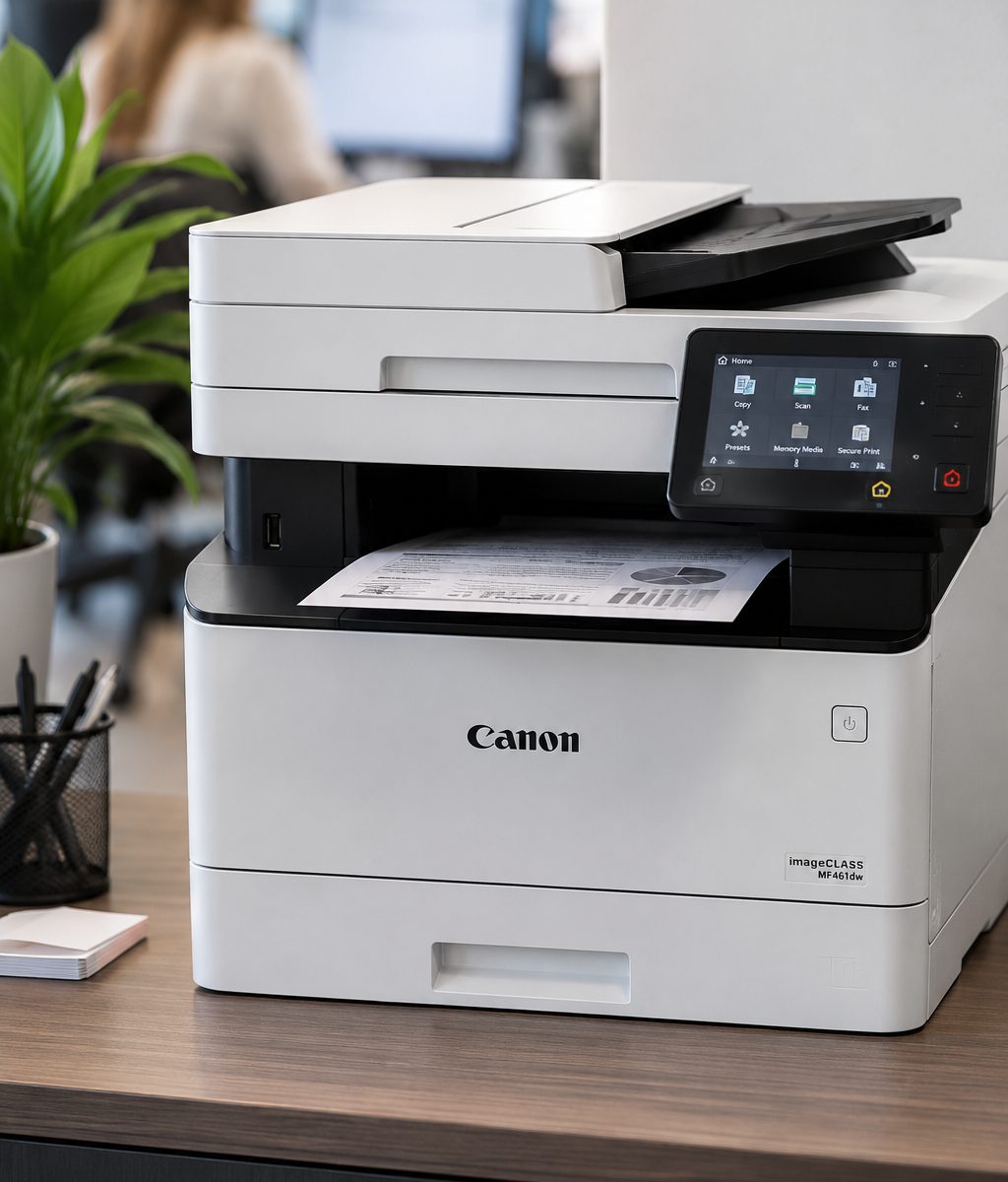Wielofunkcyjne urządzenie drukujące Canon w biurze — druk, skanowanie i kopiowanie z panelem dotykowym. workit.