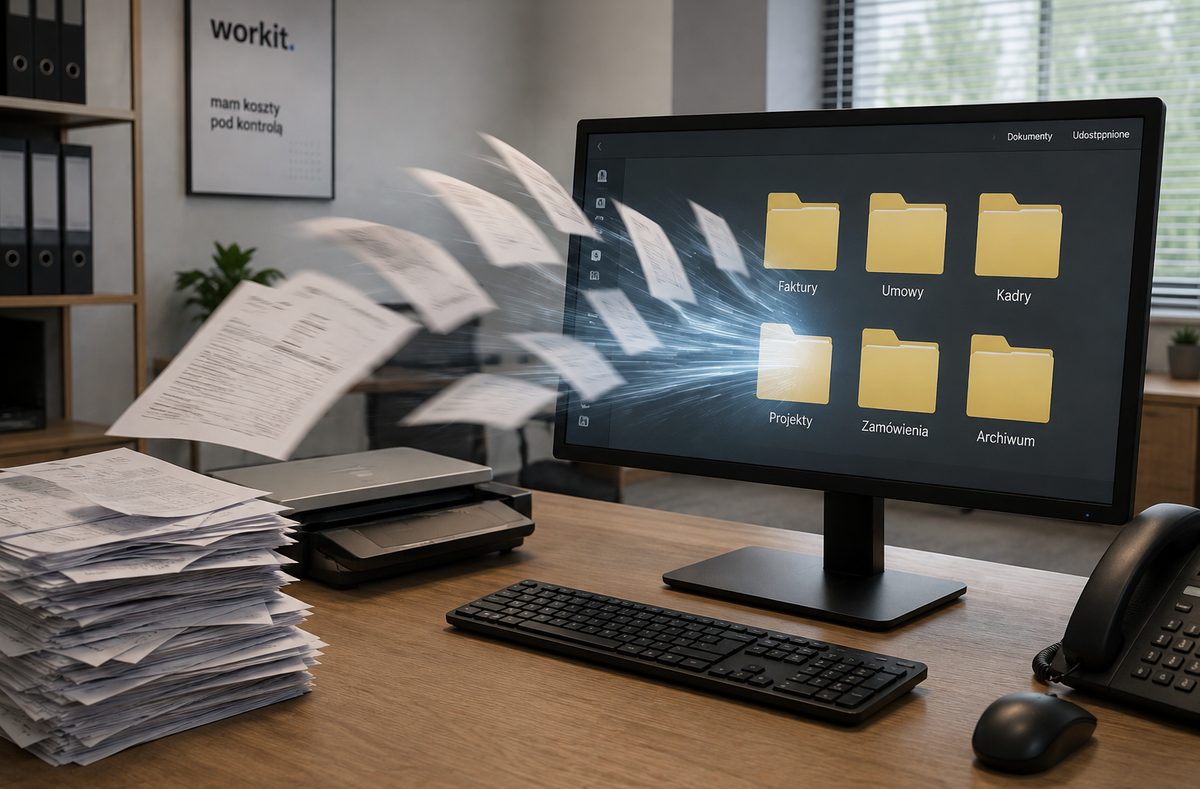 Papierowe dokumenty przekształcane w cyfrowe pliki i foldery na ekranie — digitalizacja i obieg dokumentów w biurze workit.